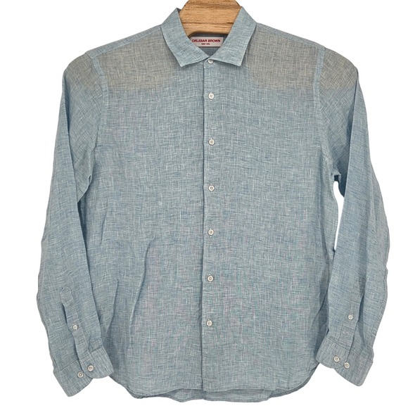 Orlebar Brown Men's XXL Giles Pure Linen‎ Long Sleeve Button Up Shirt Light Blue